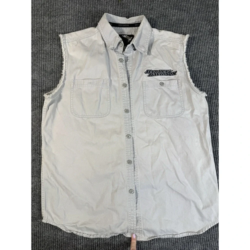 Harley-Davidson Sleeveless Frayed Edge‎ Button-Down Vest White 100% Cotton Large